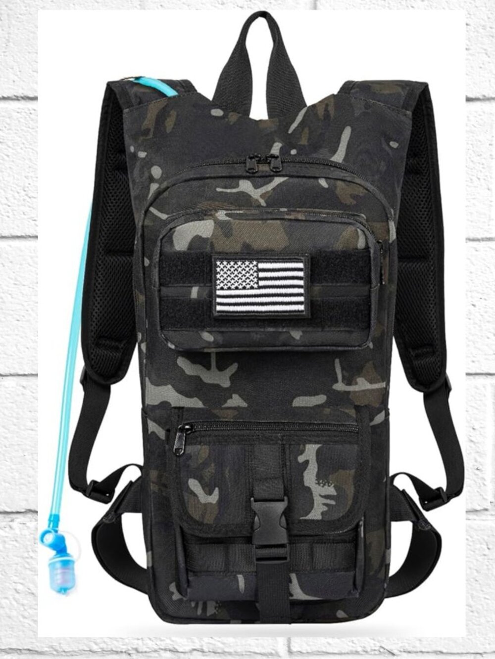 NWOT! Camo Tactical Hydration Backpack w/Molle/ Flag Patch/ 2L TPU Water Bladder